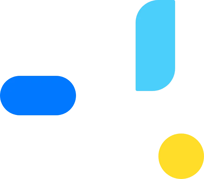 Zavimeta abstract design showcasing a blue rounded rectangle, a light blue curved rectangle, and a yellow circle on a crisp white background.
